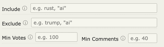 Advanced include, exclude, minimum votes, and minimum comments filter options
