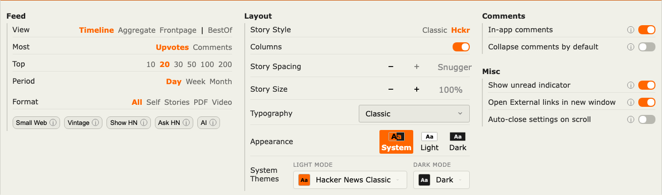 Appearance settings showing theme, layout, typography, and comment options