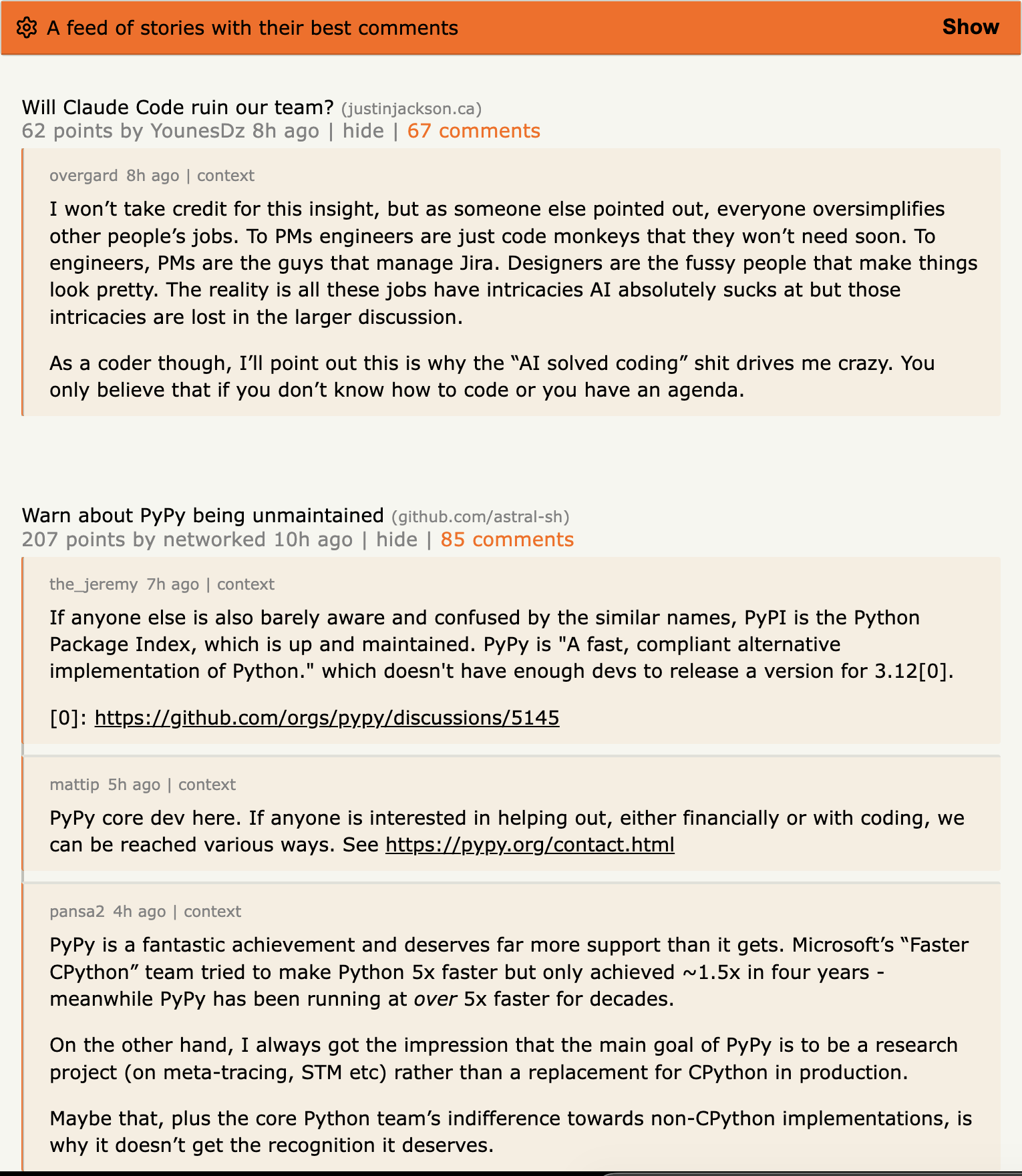 Best comments feed showing top discussion threads with inline previews