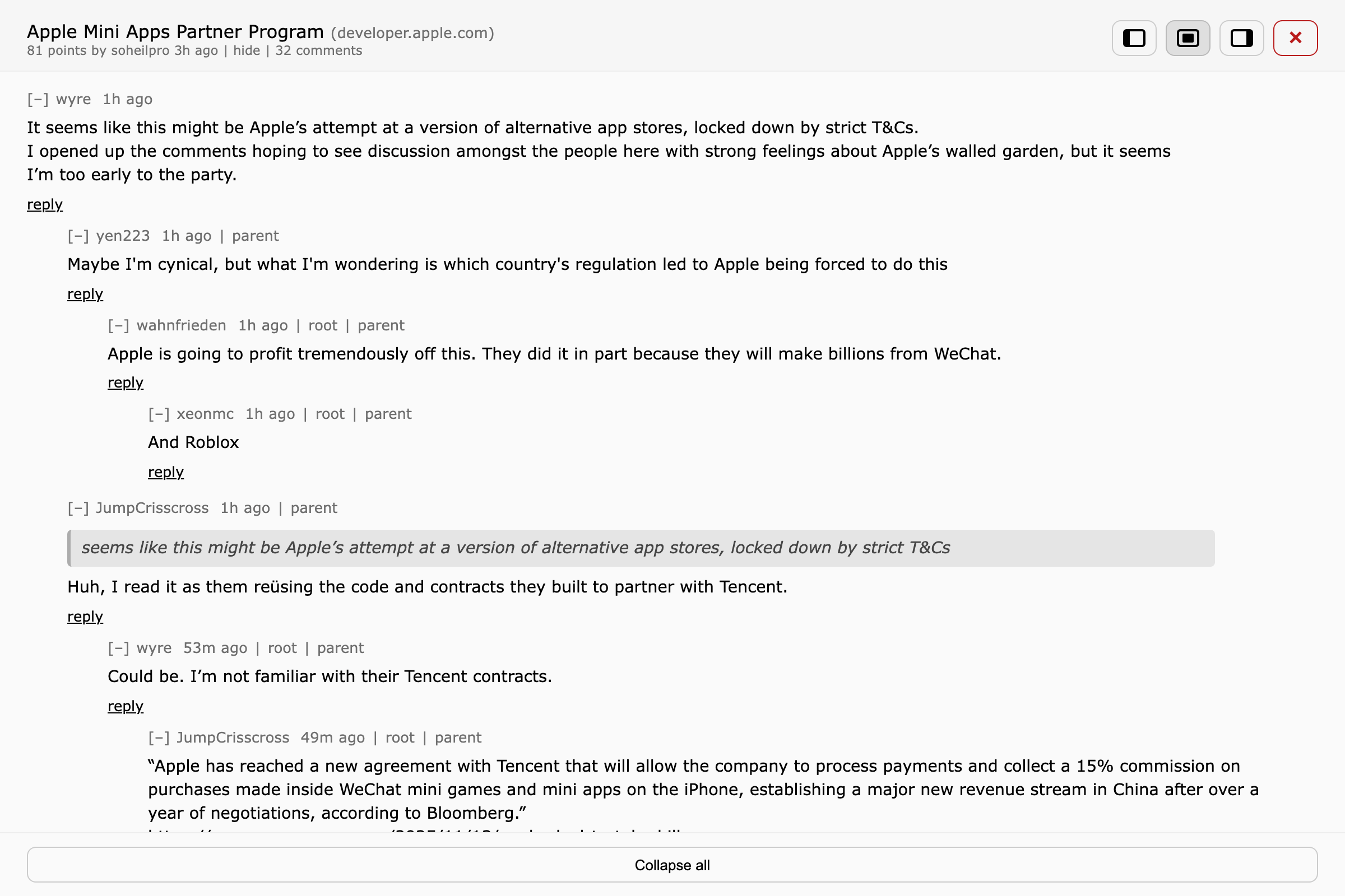 Timeline story with the comments drawer open on the right side showing inline thread controls