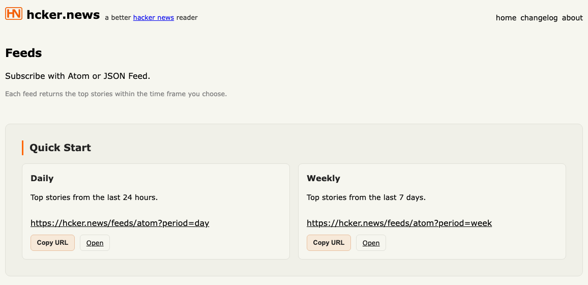 Feeds page showing Atom and JSON feed links