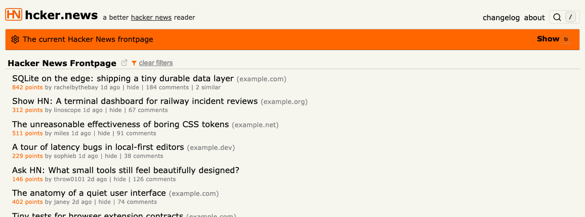 Frontpage view showing the current Hacker News front page