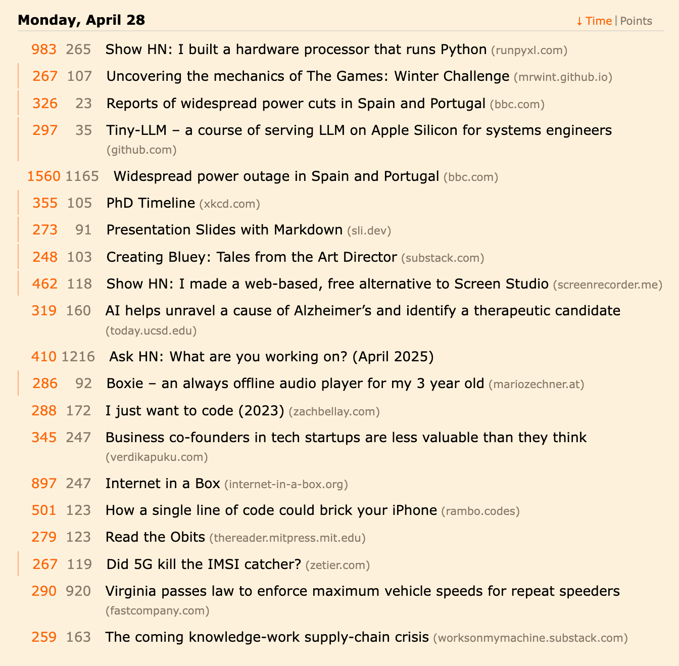 Hckr Layout showing compact story listing with inline metrics