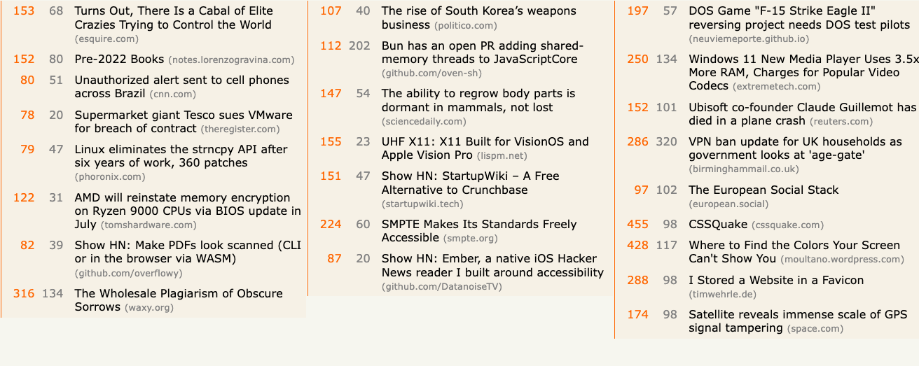 Dense hckrnews layout with multi-column story scanning