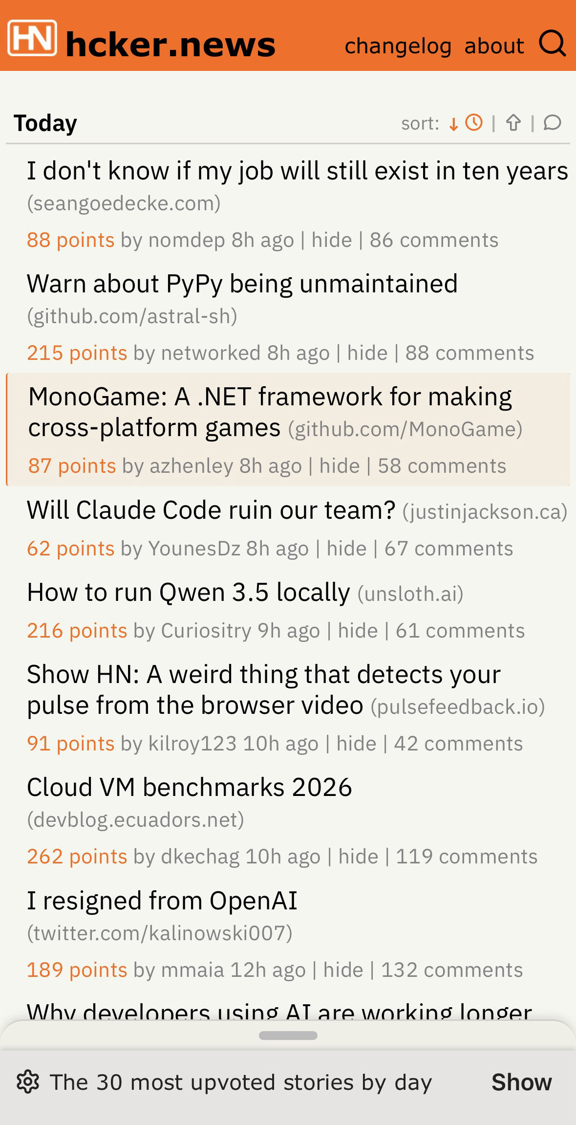 Install prompt showing hcker.news can be added to your device like an app