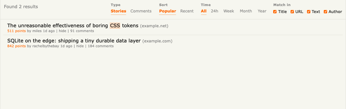 Search results showing story and comment search with highlighted matches