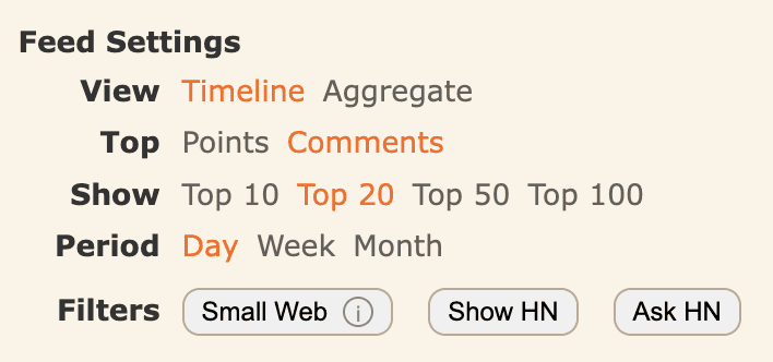 Timeline filter controls showing points/comments toggle and story count options