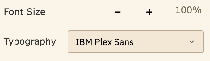Typography settings showing font selector and size controls